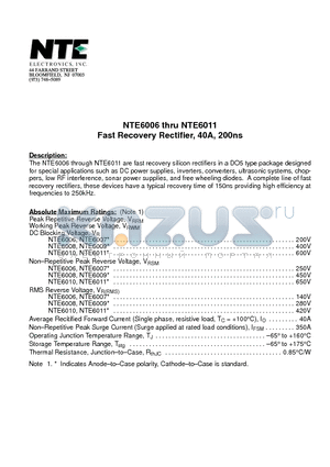 NTE6007 datasheet - Fast Recovery Rectifier, 40A, 200ns