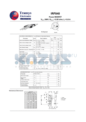 IRF840 datasheet - Power MOSFET ( VDSS = 500V, RDS(on) = 0.85 ohm, ID = 8.0 A )