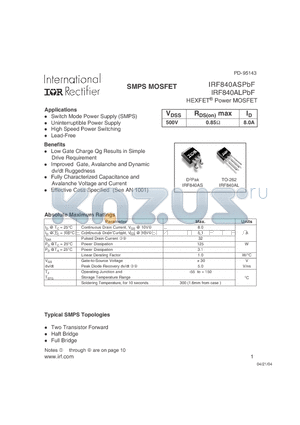 IRF840AL datasheet - SMPS MOSFET HEXFET^ Power MOSFET