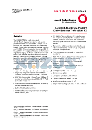 LU3X31T-T64 datasheet - LU3X31T-T64 Single-Port 3 10/100 Ethernet Transceiver TX