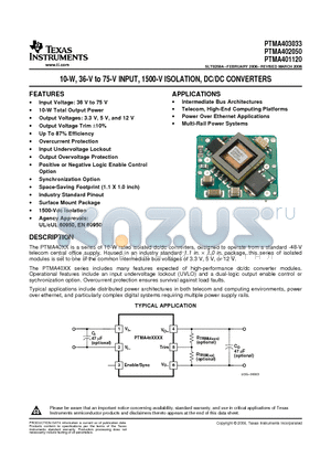 PTMA401120A2AS datasheet - 10-W, 36-V to 75-V INPUT, 1500-V ISOLATION, DC/DC CONVERTERS