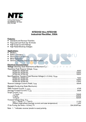 NTE6109 datasheet - Industrial Rectifier, 550A
