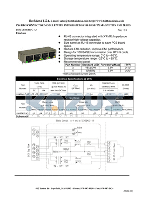 LU4S041C-43 datasheet - 1X4 RJ45 CONNECTOR MODULE WITH INTEGRATED 10/100 BASE-TX MAGNETICS AND 2LEDS