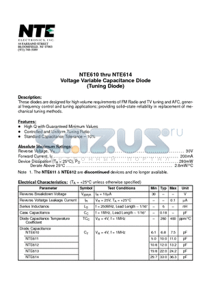 NTE611 datasheet - Voltage Variable Capacitance Diode (Tuning Diode)