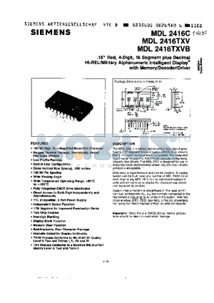 MDL2416C datasheet - 15 RED, 4-DIGIT, 16 SEGMENT PLUS DECIMAL HI-REL/MILITARY ALPHANUMERIC INTELLIGENT DISPLAY WITH MEMORY/DECODER/DRIVER