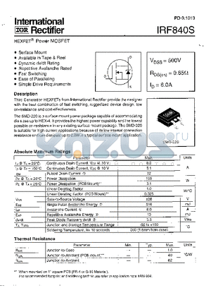 IRF840STRR datasheet - Power MOSFET(Vdss=500V, Rds(on)=0.85ohm, Id=8.0A)
