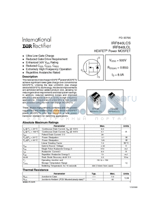 IRF840LCS datasheet - Power MOSFET(Vdss=500V, Rds(on)=0.85ohm, Id=8.0A)