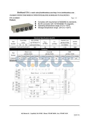 LU4S041C datasheet - 1X4 RJ45 CONNECTOR MODULE WITH INTEGRATED 10/100 BASE-TX MAGNETICS