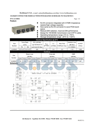 LU4S041_1 datasheet - 1X4 RJ45 CONNECTOR MODULE WITH INTEGRATED 10/100 BASE-TX MAGNETICS