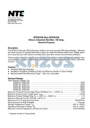 NTE6154 datasheet - Silicon Industrial Rectifier, 150 Amp, General Purpose