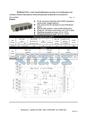 LU4S516 datasheet - 1X4 RJ45 CONNECTOR MODULE WITH INTEGRATED 10/100 BASE-TX MAGNETICS