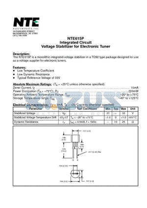NTE615P datasheet - Integrated Circuit Voltage Stabilizer for Electronic Tuner