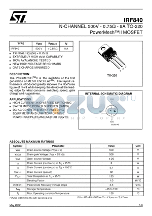 IRF840_02 datasheet - N-CHANNEL 500V - 0.75Y - 8A TO-220 PowerMeshII MOSFET