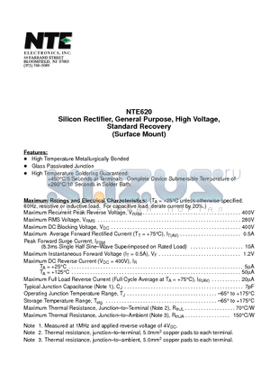 NTE620 datasheet - Silicon Rectifier, General Purpose, High Voltage, Standard Recovery (Surface Mount)