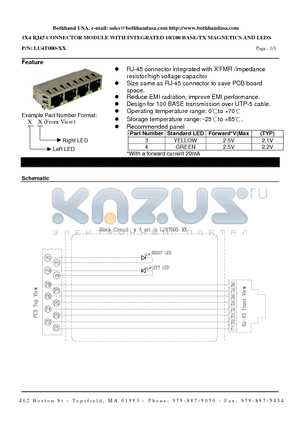 LU4T000-XX datasheet - 1X4 RJ45 CONNECTOR MODULE WITH INTEGRATED 10/100 BASE-TX MAGNETICS AND LEDS