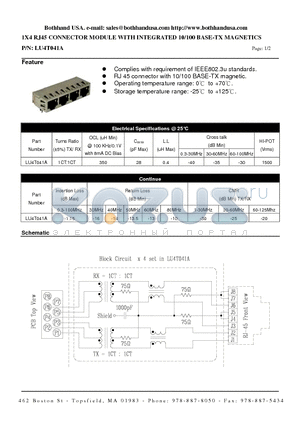 LU4T041A datasheet - 1X4 RJ45 CONNECTOR MODULE WITH INTEGRATED 10/100 BASE-TX MAGNETICS