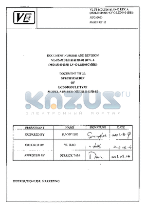 MDLS161615D-02 datasheet - SPECIFICATION OF LCD MODULE TYPE