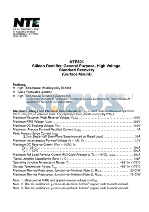 NTE621 datasheet - Silicon Rectifier, General Purpose, High Voltage, Standard Recovery (Surface Mount)