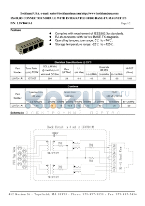 LU4T041A1 datasheet - 1X4 RJ45 CONNECTOR MODULE WITH INTEGRATED 10/100 BASE-TX MAGNETICS