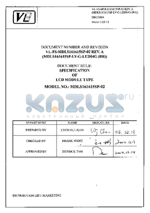 MDLS161615SP-LV-G-LED04G datasheet - SPECIFICATION OF LCD MODULE TYPE