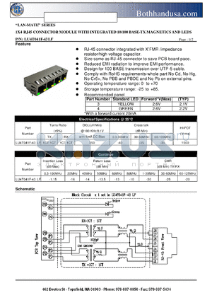 LU4T041F-43LF datasheet - 1X4 RJ45 CONNECTOR MODULE WITH INTEGRATED 10/100 BASE-TX MAGNETICS AND LEDS