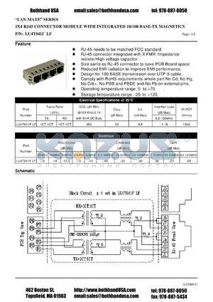 LU4T041FLF datasheet - 1X4 RJ45 CONNECTOR MODULE WITH INTEGRATED 10/100 BASE-TX MAGNETICS