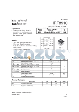 IRF8910 datasheet - HEXFET Power MOSFET