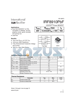 IRF8910PBF datasheet - HEXFET Power MOSFET