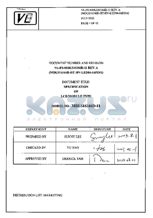 MDLS16166D-11 datasheet - SPECIFICATION OF LCD MODULE TYPE