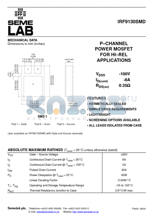 IRF9130SMD datasheet - P-CHANNEL POWER MOSFET FOR HI.REL APPLICATIONS