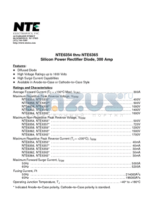 NTE6362 datasheet - Silicon Power Rectifier Diode, 300 Amp