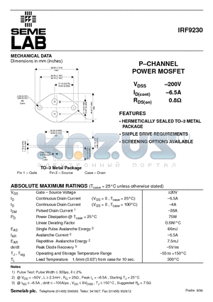 IRF9230 datasheet - P-CHANNEL POWER MOSFET