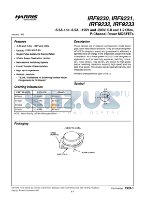 IRF9230 datasheet - -5.5A and -6.5A, -150V and -200V, 0.8 and 1.2 Ohm, P-Channel Power MOSFETs