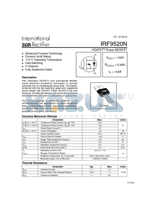 IRF9520N datasheet - Power MOSFET(Vdss=-100V, Rds(on)=0.48ohm, Id=-6.8A)