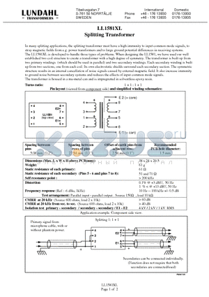 LL1581XL datasheet - Splitting Transformer