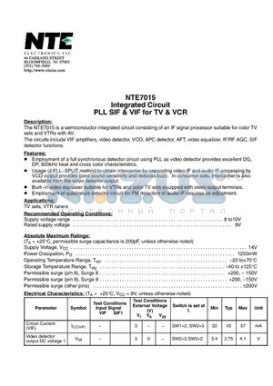 NTE7015 datasheet - Integrated Circuit PLL SIF & VIF for TV & VCR