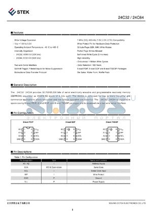 K24C64-S-CT-A datasheet - available in space-saving 8-lead PDIP, 8-lead SOP, and 8-lead TSSOP packages