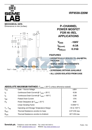 IRF9530-220M datasheet - P-CHANNEL POWER MOSFET FOR HI.REL APPLICATIONS