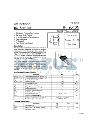 IRF9540 datasheet - Power MOSFET(Vdss=-100V, Rds(on)=0.117ohm, Id=-23A)