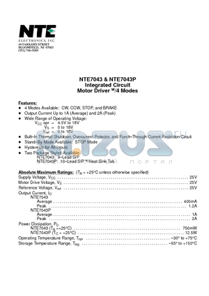 NTE7043P datasheet - Integrated Circuit Motor Driver w/4 Modes