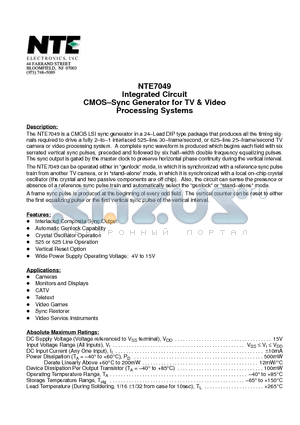 NTE7049 datasheet - Integrated Circuit CMOS-Sync Generator for TV & Video Processing Systems