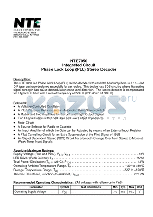 NTE7050 datasheet - Integrated Circuit Phase Lock Loop (PLL) Stereo Decoder
