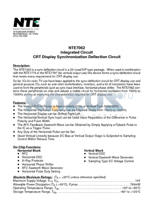NTE7062 datasheet - Integrated Circuit CRT Display Synchronization Deflection Circuit