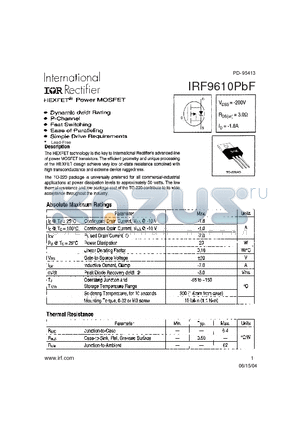 IRF9610PBF datasheet - HEXFET POWER MOSFET ( VDSS=-200V , RDS(on)=3.0Y , ID=-1.8A )