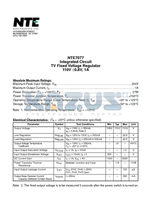 NTE7077 datasheet - Integrated Circuit TV Fixed Voltage Regulator 110V a0.8V, 1A