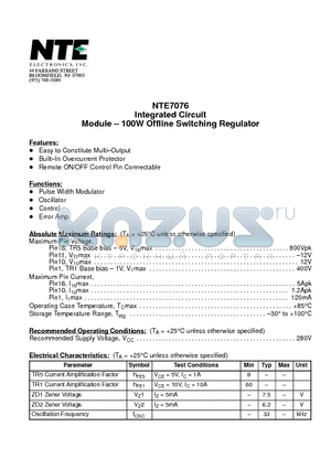 NTE7076 datasheet - Integrated Circuit Module - 100W Offline Switching Regulator