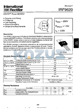 IRF9620 datasheet - Power MOSFET(Vdss=-200V, Rds(on)=1.5ohm, Id=-3.5A)