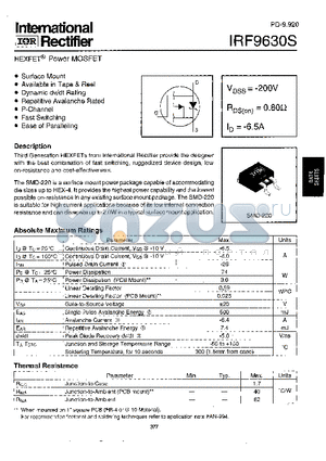 IRF9630S datasheet - Power MOSFET(Vdss=-200V, Rds(on)=0.80ohm, Id=-6.5A)