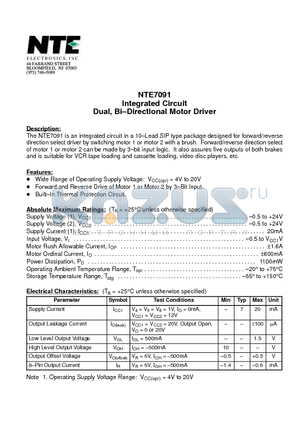 NTE7091 datasheet - Integrated Circuit Dual, Bi-Directional Motor Driver
