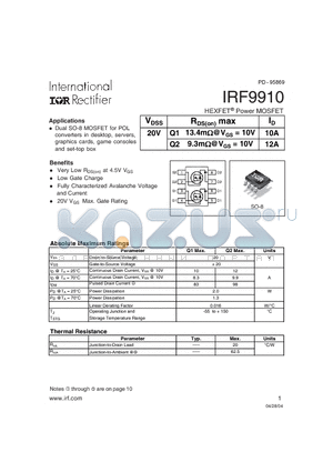 IRF9910 datasheet - Dual SO-8 MOSFET for POL converters in desktop, servers, graphics cards, game consoles and set-top box